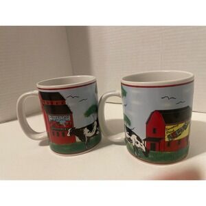 Set of 2 Farmhouse Barn Cow Country Scene Ceramic Coffee Mugs